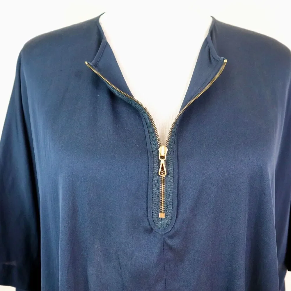Vince Size S Stretch Silk Satin Boxy Blouse Gold Zipper Neck Navy Blue
